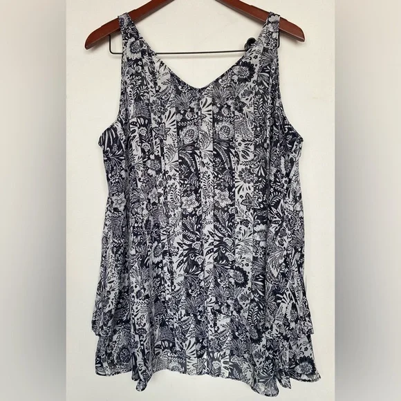 Lane Bryant -Floral Pattern V-Neck Chiffon Tank Top Swing Double-Layer - Size 12 - Picture 3 of 11